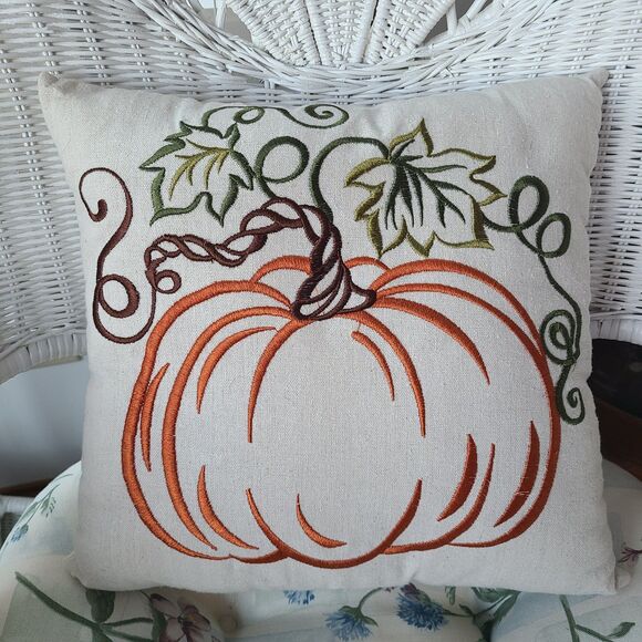 Embroidered Halloween Pumpkin Square Throw Pillow 14"x14" Autumn Fall Home Decor - Picture 2 of 9